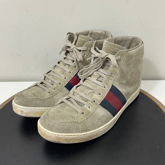Gucci Sneakers Mens Size 8G Beige Suede Web Stripe High Top Sneakers Italy